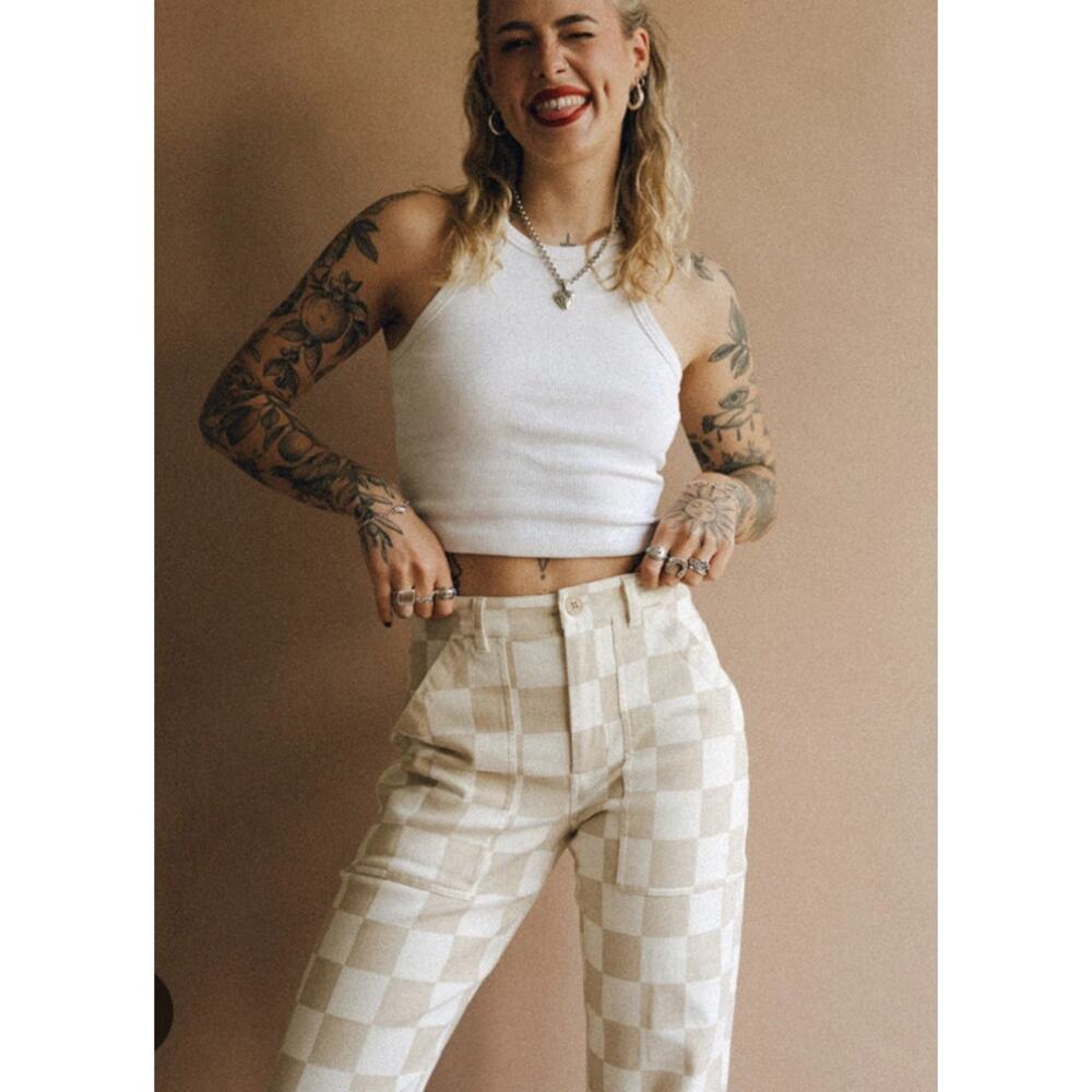 Checkerboard Straight Leg Pants - Cream/White